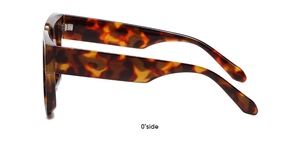 Side view of square tortoiseshell sunglasses with amber pattern on white background