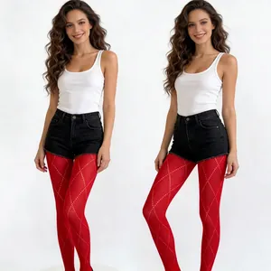 Collants rouges à motif de losanges et maille filet haute élasticité pour femmes