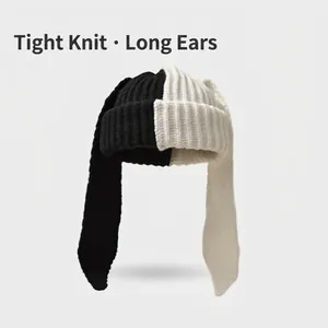 Cute black and white color-block knitted hat with long rabbit ears for winter