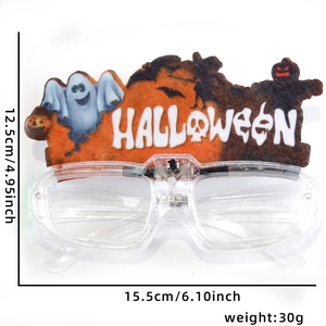 Detailed dimensions of LED Halloween party glasses with orange frame and HALLOWEEN text
