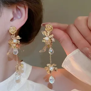 Vintage Gold Flower Tassel Dangle Earrings With Silver Earring Post Faux Artificial Pearl Crystal Floral Jewelry For Wedding Party