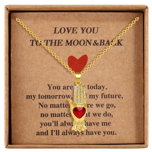 Vintage gold crown hand pendant with red ruby heart on love message gift card