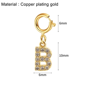 Detail of 18k gold plated letter B pendant with sparkling rhinestones and dimensions