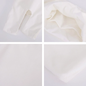 Detailed views of white waffle texture fabric on a velvet fruit print wrist bag