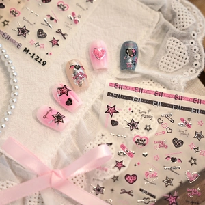 Y2K style nail stickers M-1219 with stars and hearts on a delicate lace background