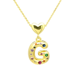 Detailed close-up of 3D balloon letter G pendant with multicolor zircon inlay on gold chain