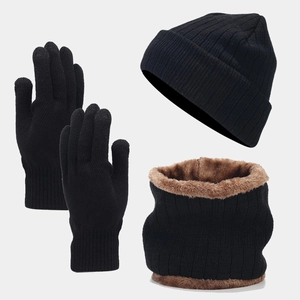 Ensemble d'hiver 3 pièces avec bonnet noir, gants et tour de cou doublé polaire pour extérieur