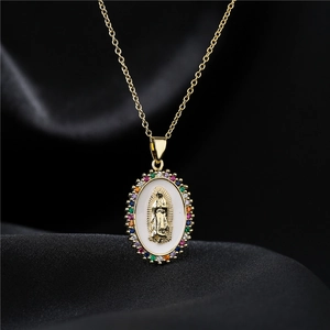 18K gold plated Our Lady of Guadalupe necklace with colorful zircon stones on black background