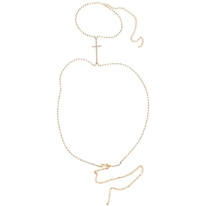 Fashionable gold body chain with sparkling rhinestones and a central cross pendant decoration