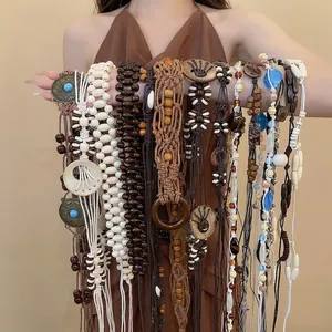 Handmade bohemian beaded waist chain with wood resin beads and ethnic woven tassels