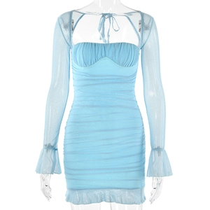 Elegant light blue mesh mini dress with long bell sleeves and ruffled hem for women