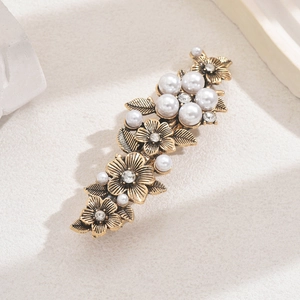 Vintage gold rose spring hair clip with pearls and rhinestones for elegant hairstyles
