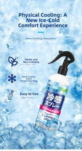 Close-up of 300ml mint cooling spray bottle placed on ice cubes for instant heat relief