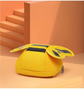Detailed view of kids bee backpack with 3D wings and honeycomb mesh bottom