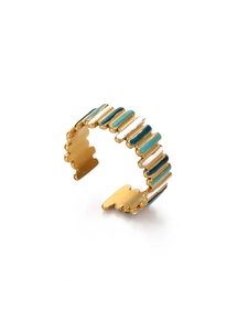 Detail of gold-plated stainless steel ring with colorful enamel stripes and open band