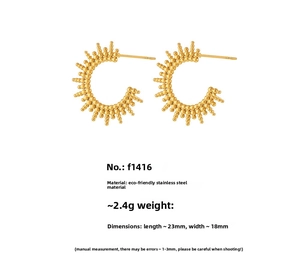 Macro shot of sunburst C-shape earrings in PVD 18K gold plated stainless steel