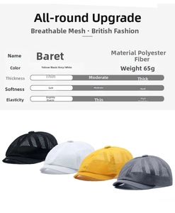 Detail view of breathable mesh beret caps showing four color options and fabric texture