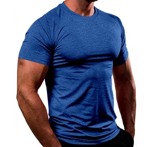 Detail of blue heather quick-dry athletic t-shirt with tight fit and breathable fabric