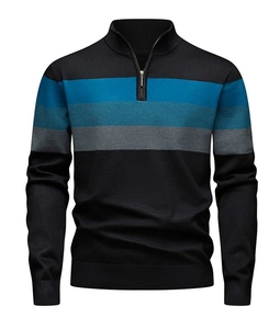 Detail showing the half-zipper stand collar and tricolor striped pattern on the chest