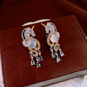 Exquisite unicorn silver flower earrings with vintage pearl and blue teardrop crystal pendant
