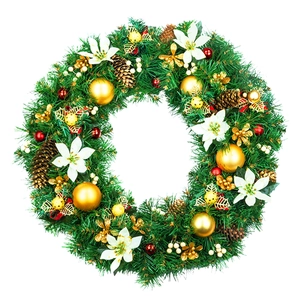 Detailed top view of Christmas wreath with golden balls, white poinsettia and pine cones