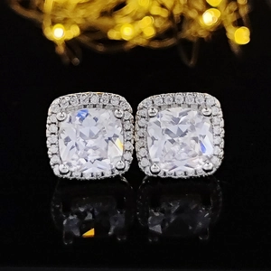 Elegant square-cut cubic zirconia stud earrings with silver finish and halo setting