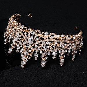 Luxury baroque gold bridal crown with sparkling crystal rhinestones for wedding queens