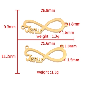Golden titanium steel Jesus infinity symbol connectors with detailed size measurements