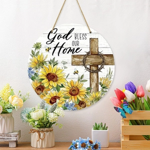 Rustikales Holzschild God Bless Our Home mit Sonnenblumen und religiösem Kreuz