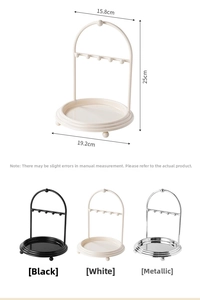 Detailed size specifications for black, white, and silver metal jewelry display stands