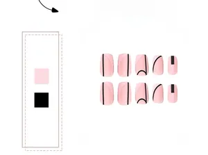 Macro shot of matte pink press-on nails with minimalist black geometric line patterns