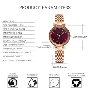 Elegant IBSO women's quartz watch with red dial and rose gold steel strap in main view