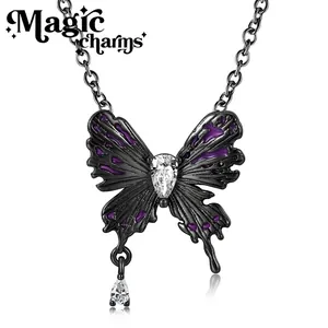 925 Sterling Silver Black Gold Butterfly Pendant Necklace Purple Enamel Gothic Dark Style Rhinestone Jewelry For Women