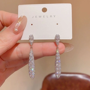 Elegant silver long teardrop tassel earrings with sparkling rhinestones and 925 silver posts