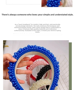 Detail view of five colors of wide headbands decorated with faux pearls for women