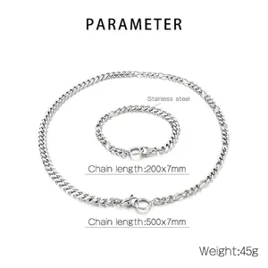 Detailed dimensions of stainless steel Cuban chain necklace set 7mm width 45g weight