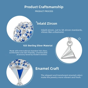 Detail of S925 sterling silver flower charm with 3A zircon and blue enamel oil process