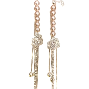 Elegant pearl and rose flower long tassel drop earrings with sparkling rhinestones