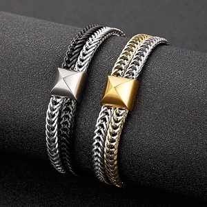Men's two-tone hip-hop woven chain bracelet in gold and silver stainless steel