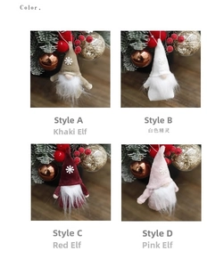 Close-up of four plush Christmas gnomes with sequined hats in festive holiday settings