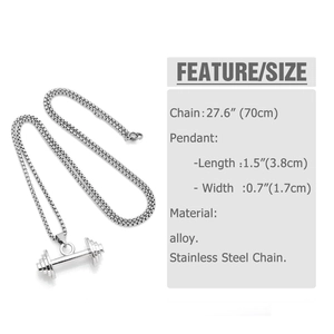 Detailed size chart for the hip hop dumbbell pendant necklace showing chain length and dimensions