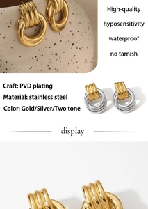 Detail view of PVD plated stainless steel hoop earrings in gold and silver finish