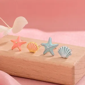 Asymmetric Starfish Shell Stud Earrings With 925 Sterling Silver Earring Post Sweet Ocean Theme Enamel Jewelry For Women