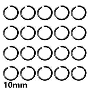 Macro detail of 20 black 10mm jump rings for DIY jewelry making and craft supplies
