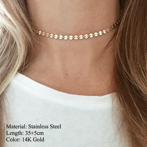 Minimalist 14K gold plated stainless steel choker necklace with tiny round sequins