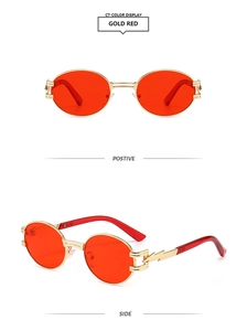 Detailed view of steampunk oval sunglasses with red lenses and unique lightning bolt temples