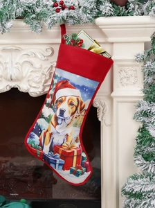 Detailed view of Christmas stocking with cartoon beagle hanging on a white fireplace
