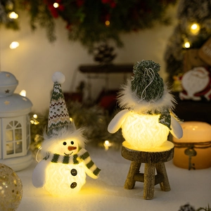 Close-up of two glowing Christmas snowman dolls with knit hats and warm led lighting