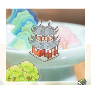 Detail of 3D miniature Suzhou city architecture stickers with pavilions and cherry trees