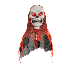 Hanging Halloween ghost prop with glowing red eyes and tattered orange gauze on white background